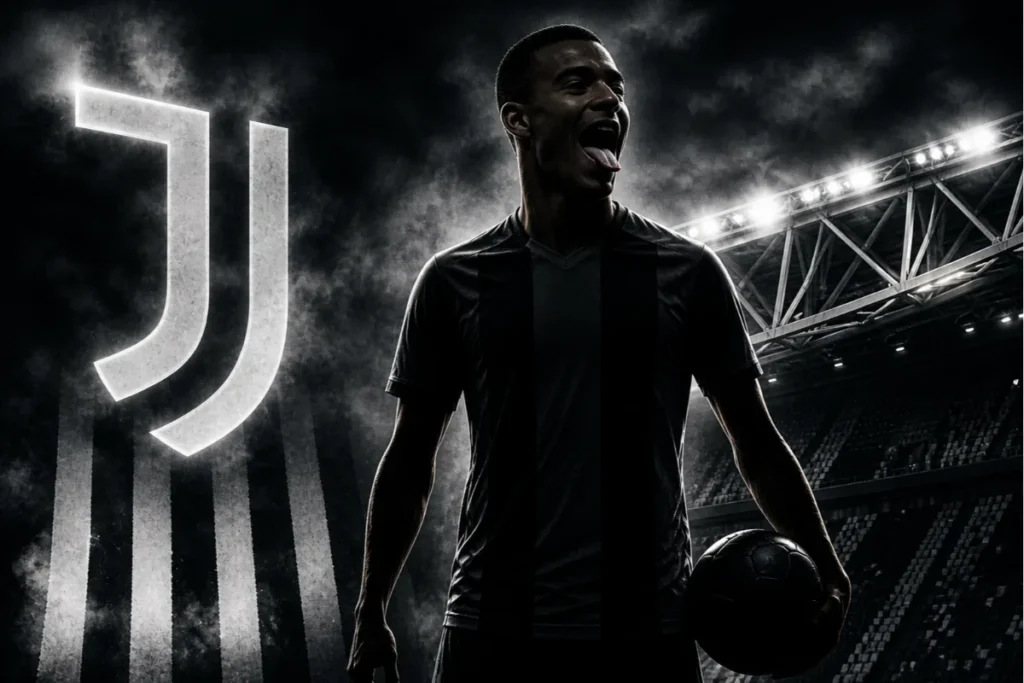 Mason Greenwood in maglia Juventus con pallone nello stadio