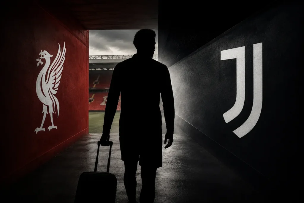 Silhouette di calciatore con valigia tra gli stemmi di Liverpool e Juventus nello stadio