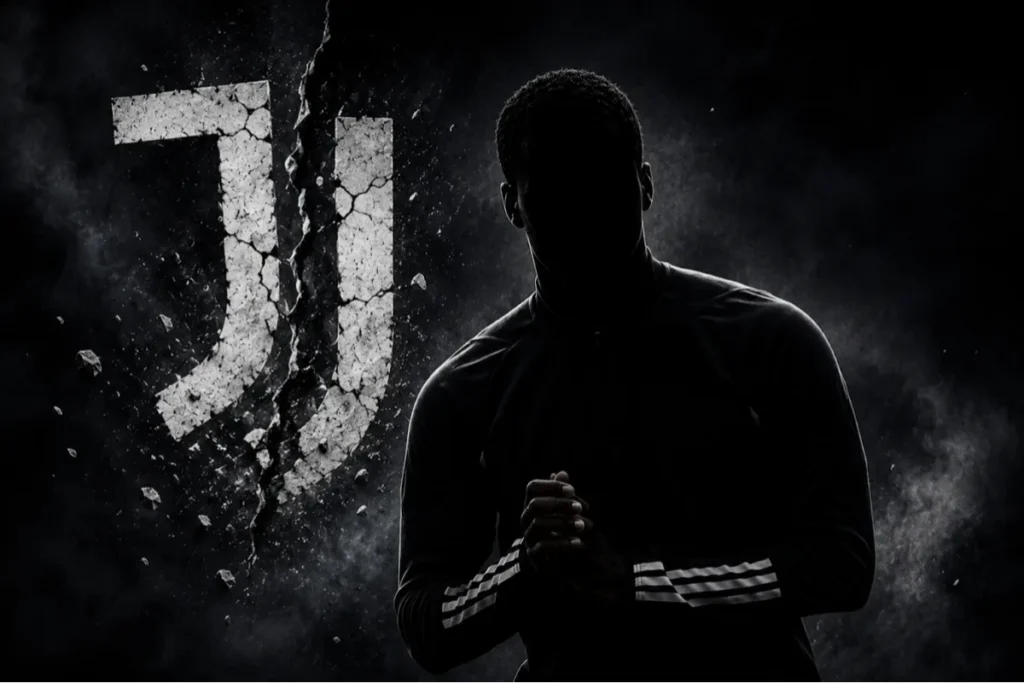 Giocatore ex Juventus in silhouette con logo bianconero sullo sfondo