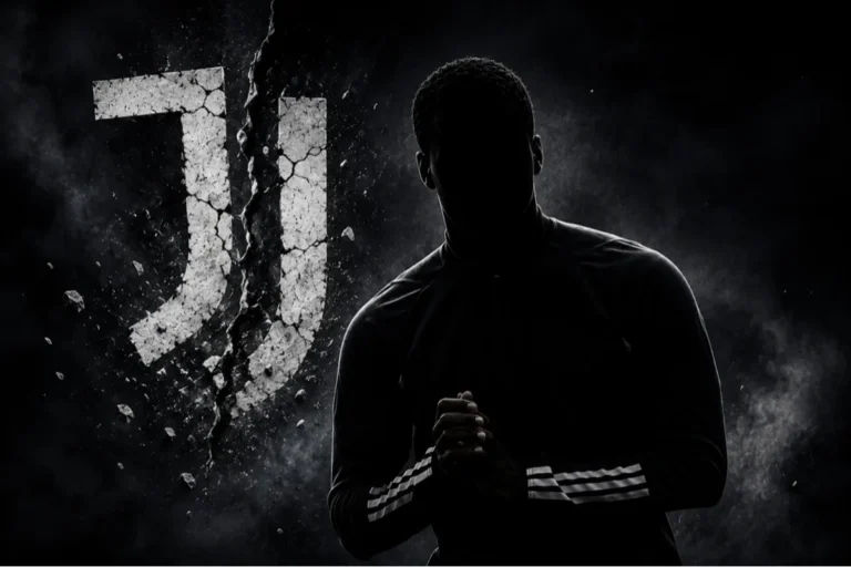 Giocatore ex Juventus in silhouette con logo bianconero sullo sfondo
