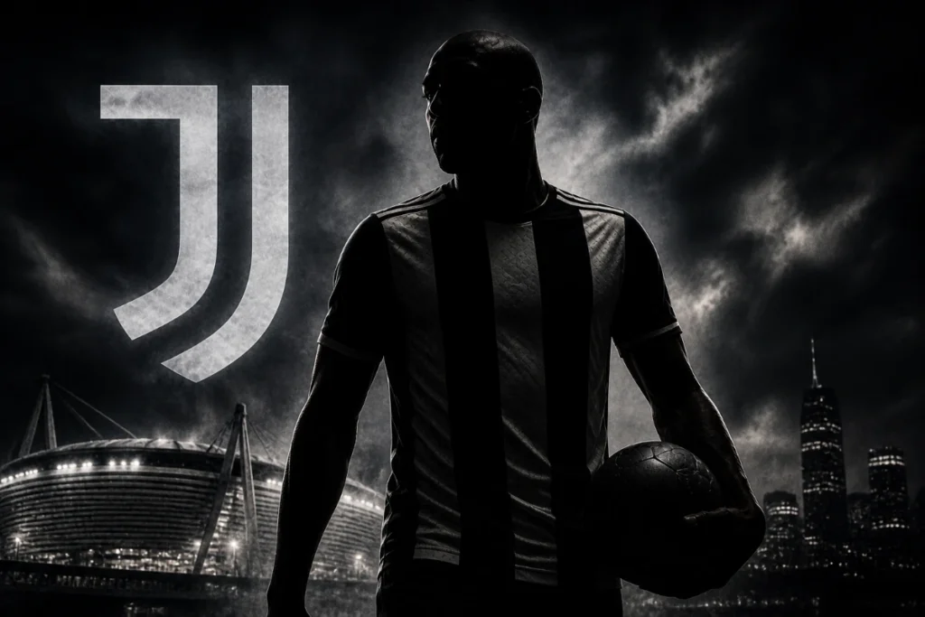 Jean-Philippe Mateta in maglia Juventus con pallone, silhouette davanti allo stadio e logo Juve