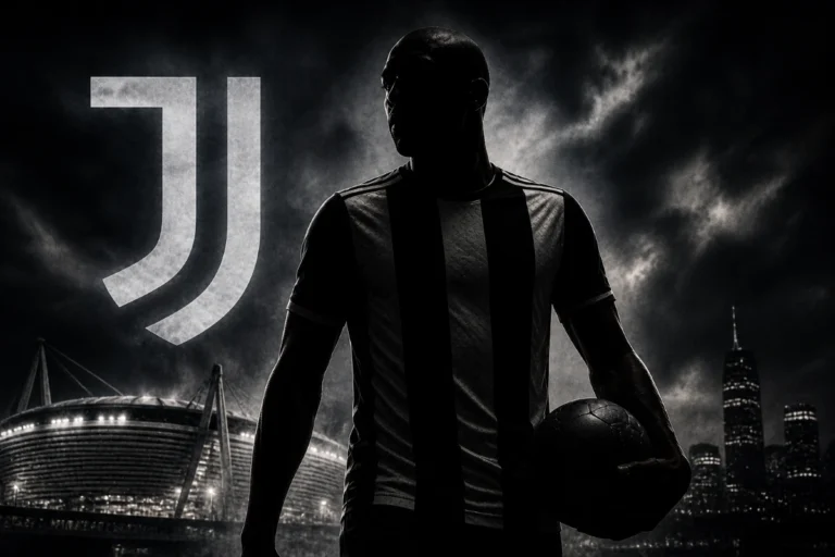 Jean-Philippe Mateta in maglia Juventus con pallone, silhouette davanti allo stadio e logo Juve