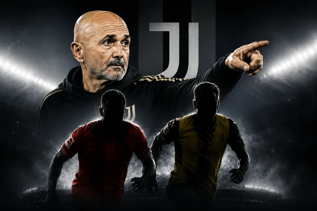 Luciano Spalletti con gesto direttivo, due calciatori in primo piano su sfondo stadio illuminato