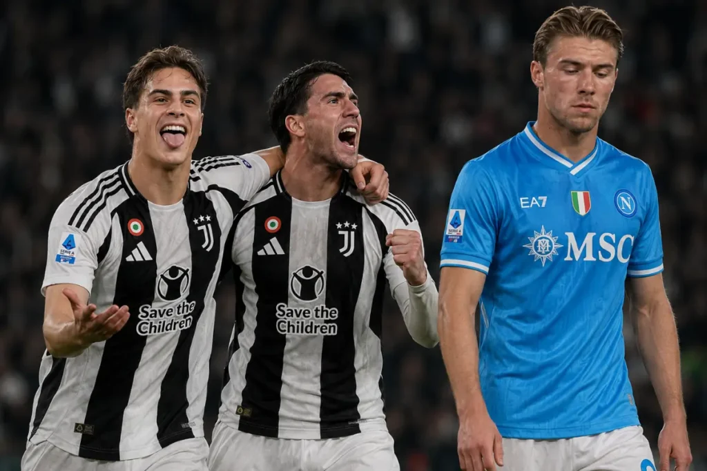 Juventus esulta dopo la sconfitta del Napoli: Yildiz e Vlahovic festeggiano mentre Hojlund rimane sconsolato