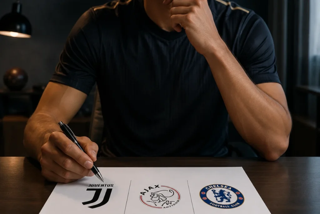 Uomo firma documento con loghi Juventus, Ajax e Chelsea su tavolo in ufficio