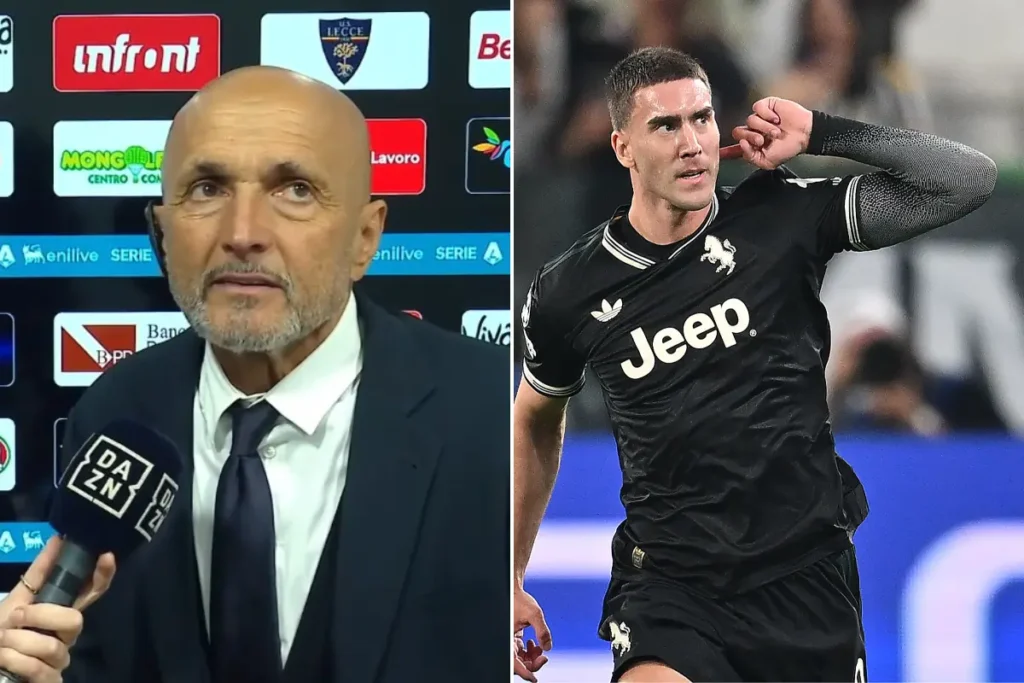 Luciano Spalletti a Dazn e Dusan Vlahovic in azione con la maglia della Juventus