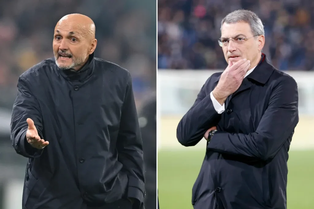 Luciano Spalletti in panchina durante una partita di calcio, accanto a Damien Comolli