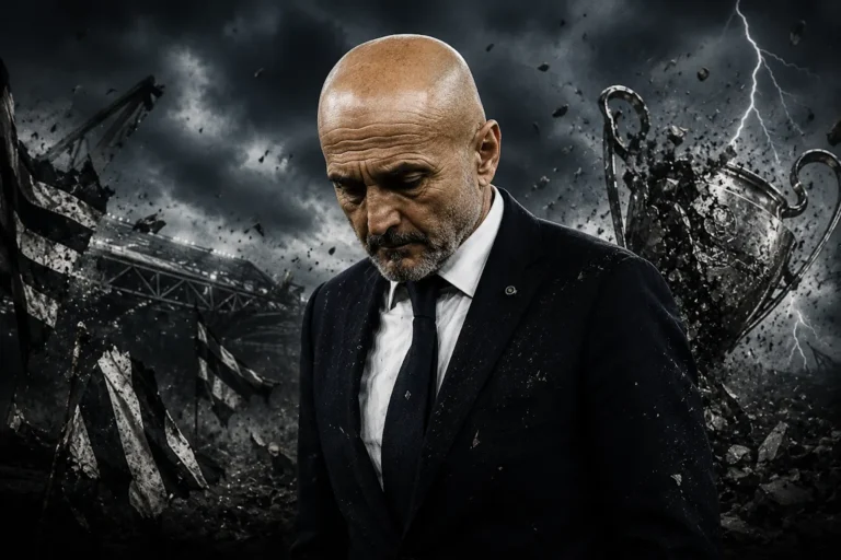 Luciano Spalletti in abito scuro con espressione seria su sfondo stadio con effetti grafici