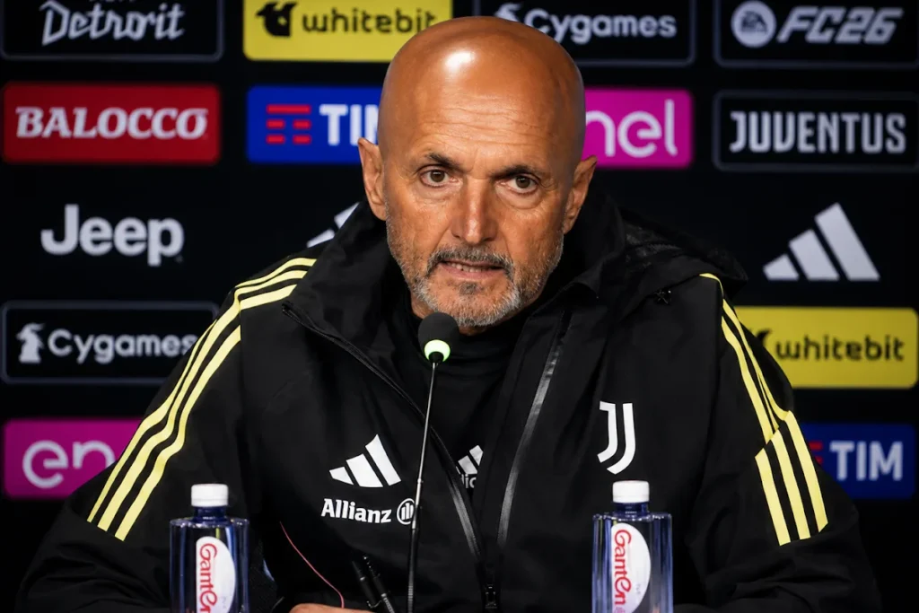Luciano Spalletti durante la conferenza stampa con la tuta della Juventus