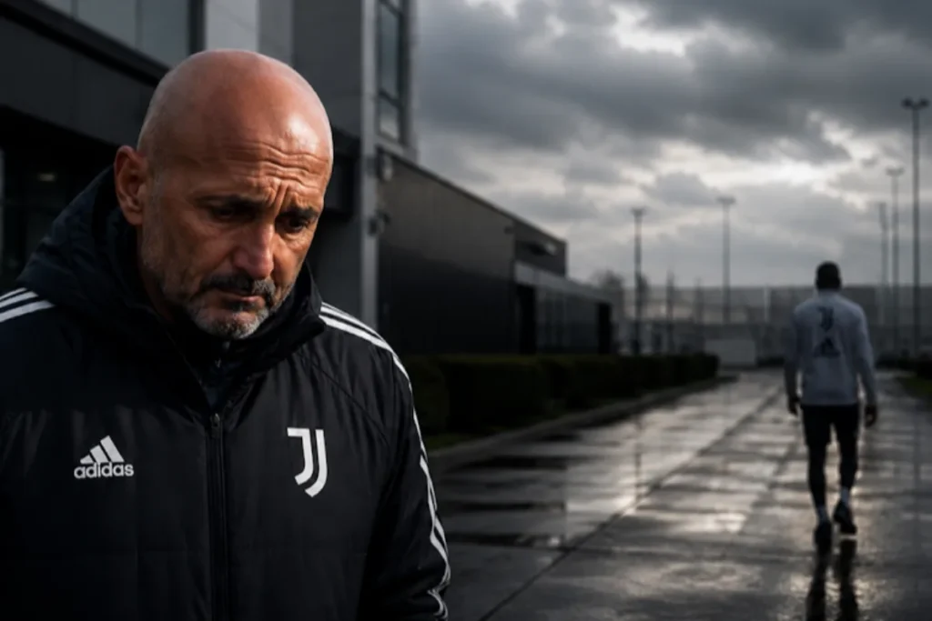 Allenatore Juventus in tuta Adidas al centro di allenamento, con giocatore sullo sfondo