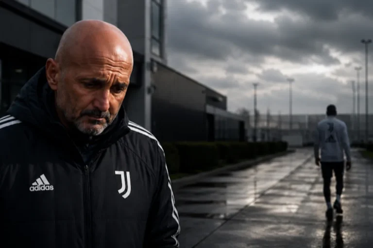 Allenatore Juventus in tuta Adidas al centro di allenamento, con giocatore sullo sfondo