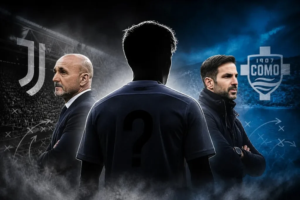 Luciano Spalletti e Cesc Fabregas in composizione grafica con loghi Juventus e Como, simboleggiante il mercato tra i due club