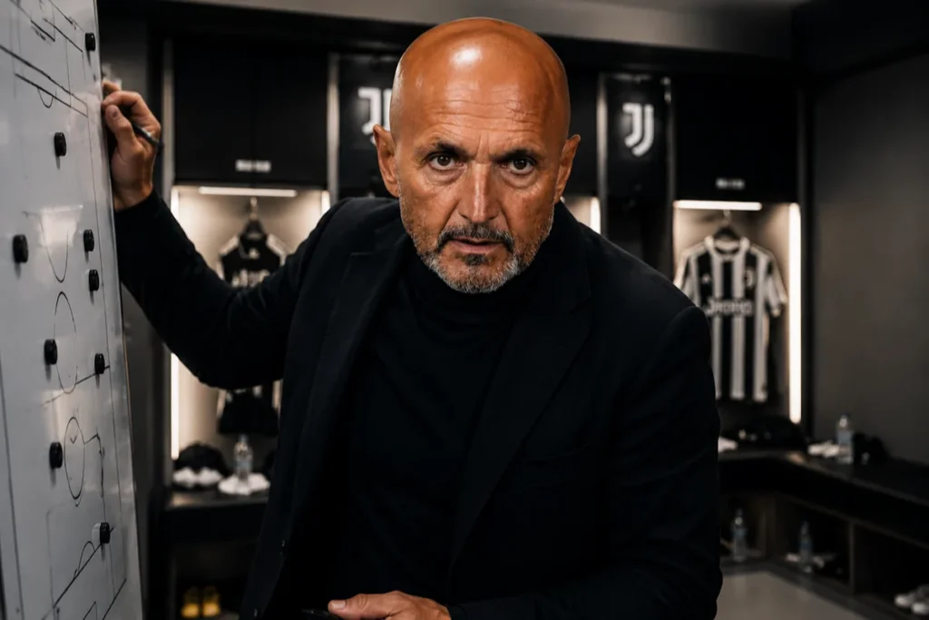 Luciano Spalletti indica le formazioni sul tabellone tattico nello spogliatoio Juventus