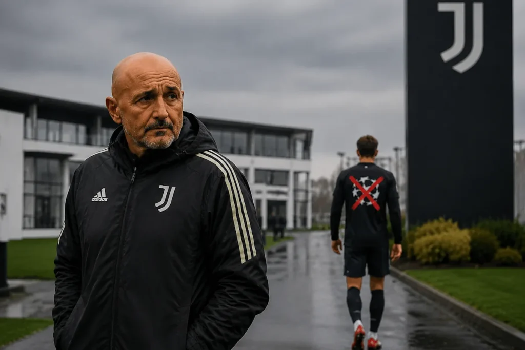 Luciano Spalletti in tuta Adidas Juventus al centro sportivo bianconero, con calciatore sullo sfondo