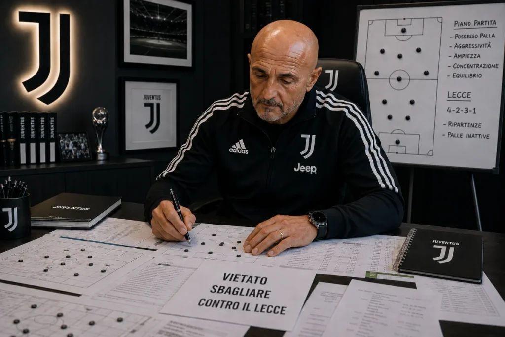 Luciano Spalletti analizza la tattica della Juventus nello studio, con schemi di gioco e logo Juve sullo sfondo
