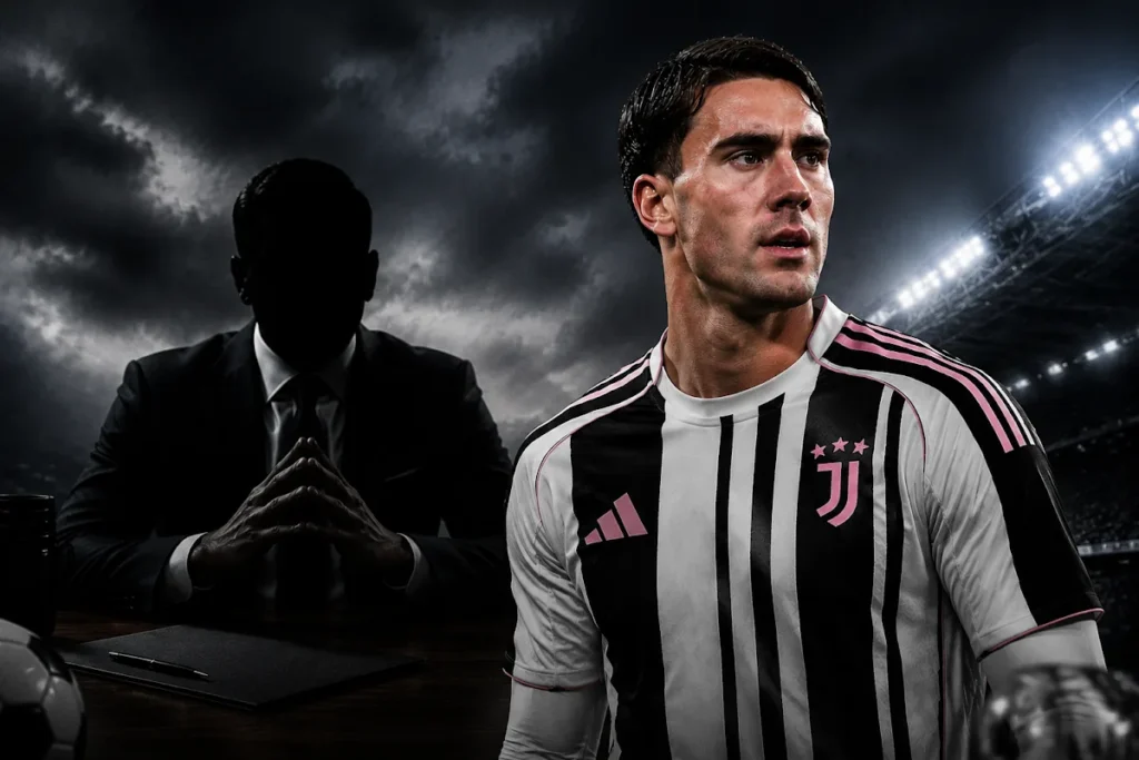 Vlahovic in maglia Juventus con lo stadio sullo sfondo, accanto a una figura in abito scuro