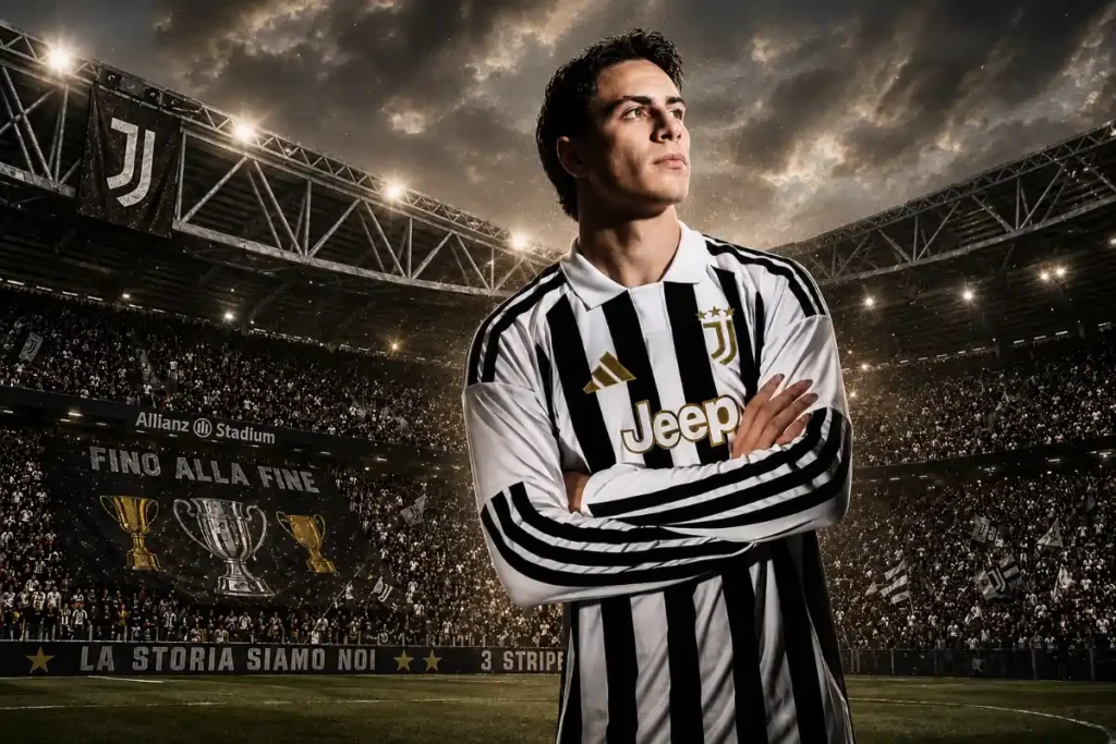 Kenan Yildiz in posa con la maglia Juventus 2026/27 all'Allianz Stadium