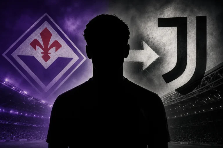 Silhouette di giocatore tra gli stemmi di Fiorentina e Juventus con freccia di trasferimento in stadio