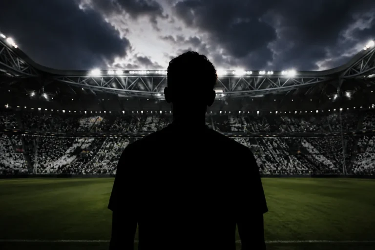 Silhouette di giocatore di spalle nello stadio della Juventus con tribune piene e cielo nuvoloso