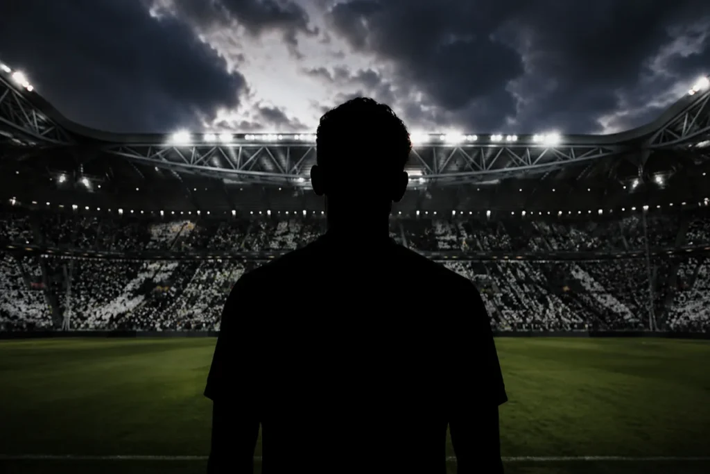 Silhouette di un calciatore in campo davanti allo stadio illuminato con pubblico sugli spalti