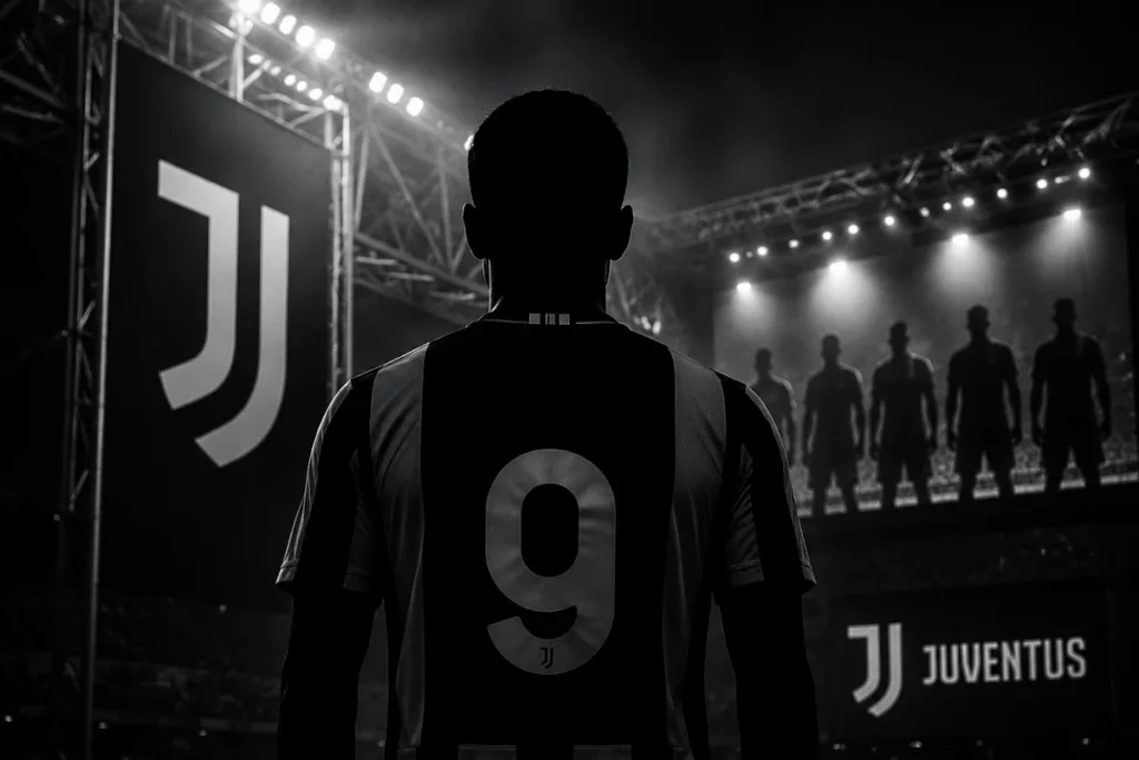 Silhouette di giocatore Juventus numero 9 di spalle nello stadio illuminato