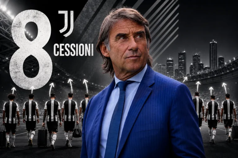 Carnevali in primo piano con giacca blu e 8 giocatori della Juventus in background, rappresentazione grafica delle cessioni bianconere