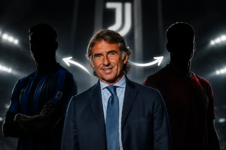 Giovanni Carnevali in primo piano con due giocatori in silhouette e logo Juventus sullo sfondo, frecce direzionali indicano i movimenti di mercato