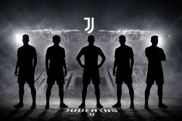 Cinque giocatori della Juventus in silhouette davanti allo stadio Allianz, con loghi del club sullo sfondo