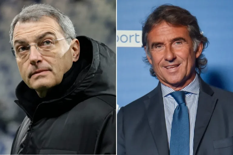Damien Comolli con occhiali in giacca nera a sinistra, Giovanni Carnevali in abito blu e cravatta a destra, collage di due dirigenti Juventus