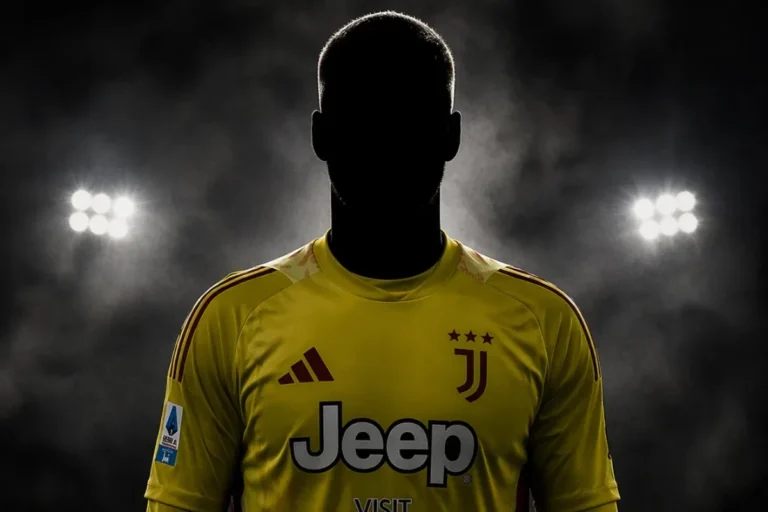 Calciatore in maglia gialla della Juventus con sponsor Jeep, ritratsto in controluce otto i riflettori dello stadio