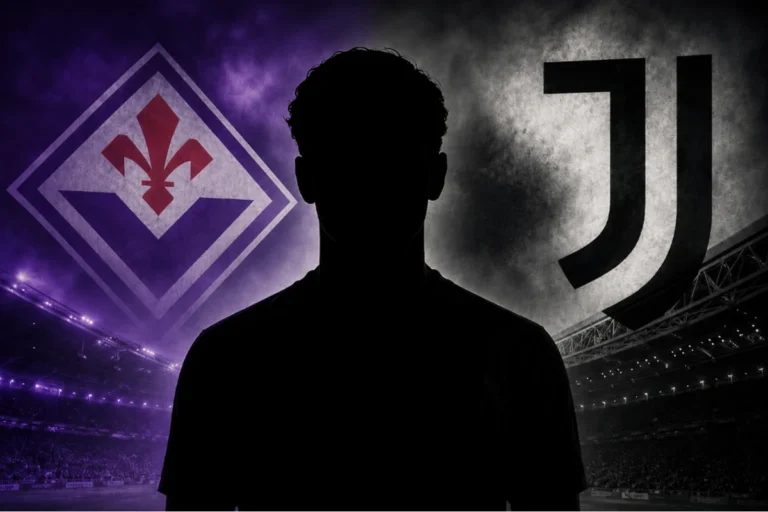 Silhouette di giocatore davanti ai loghi di Fiorentina e Juventus con stadi sullo sfondo