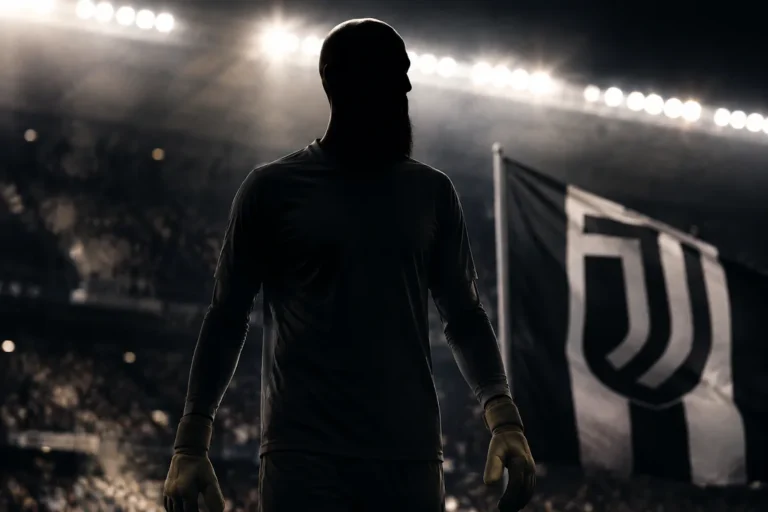 Calciatore della Juventus in silhouette sotto i riflettori dello stadio con bandiera bianconera sullo sfondo