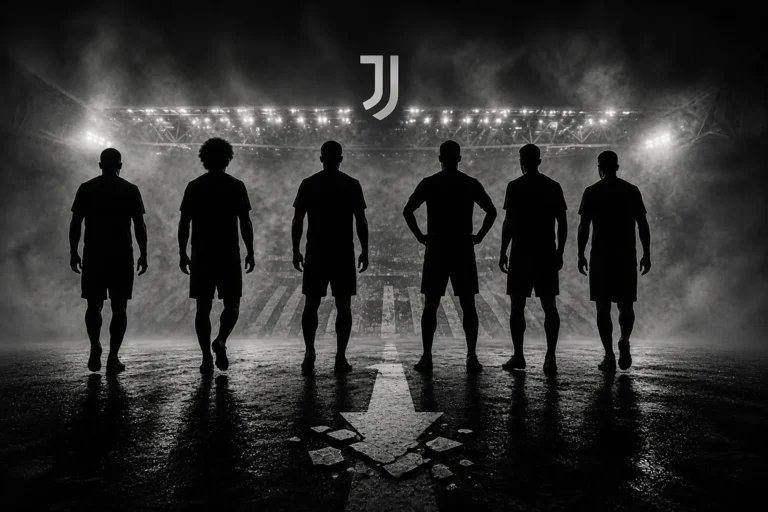 Sei calciatori in silhouette davanti allo stadio della Juventus illuminato di notte, rappresentazione grafica delle cessioni nel mercato estivo