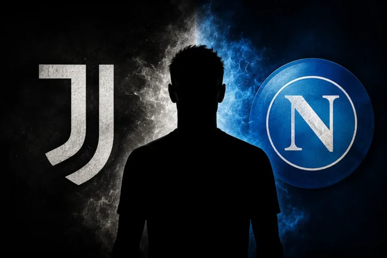 Silhouette di giocatore tra i loghi di Juventus e Napoli, rappresentazione della sfida di mercato tra i due club