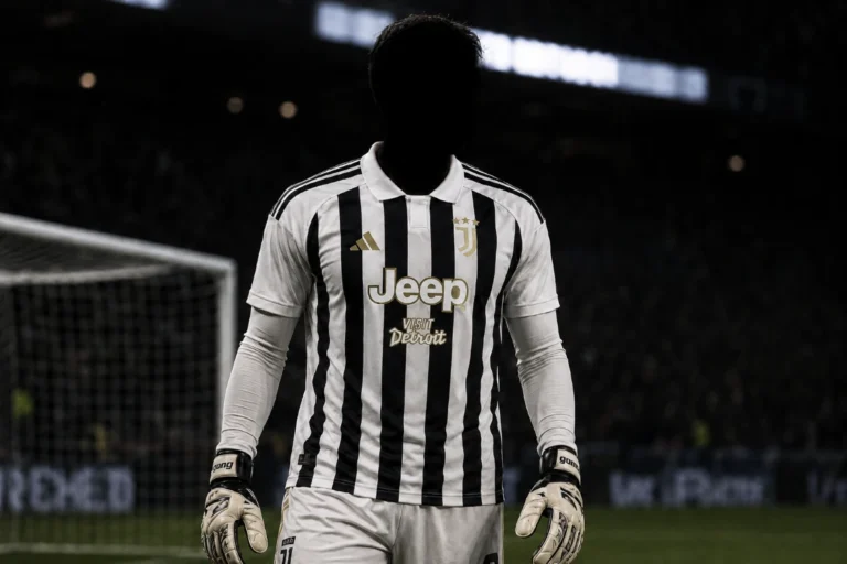Portiere Juventus in maglia a strisce bianche e nere con guantoni, in campo davanti alla porta