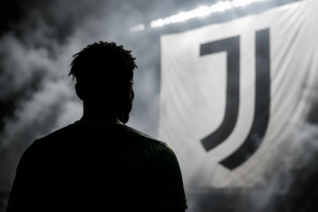 Giocatore di spalle davanti al logo della Juventus, silhouetato in primo piano