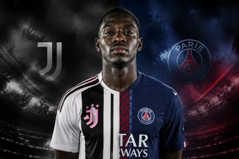 Kolo Muani ritratto con maglia Juventus e PSG in grafica di mercato
