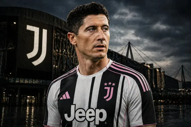 Robert Lewandowski in maglia Juventus con lo stadio sullo sfondo
