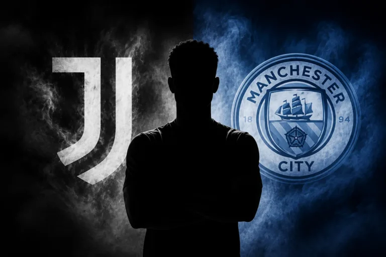 Silhouette di giocatore tra i loghi di Juventus e Manchester City, rappresentazione del mercato calciomercato