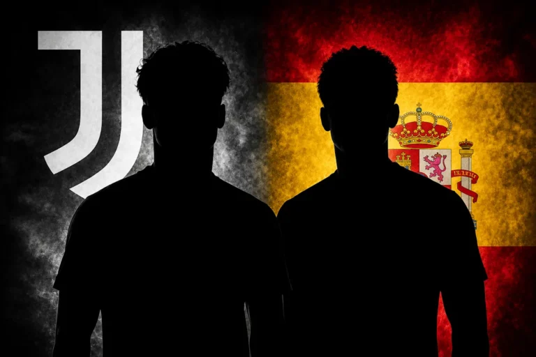 Due silhouette di calciatori con logo Juventus e bandiera Spagna, immagine simbolica del mercato bianconero