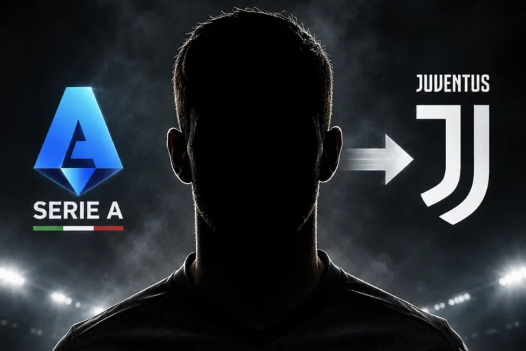 Giocatore in silhouette con logo Serie A e freccia verso Juventus, trasferimento in Serie A