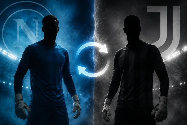 Due portieri in silhouette con i loghi di Napoli e Juventus sullo sfondo, rappresentazione grafica del mercato tra i due club