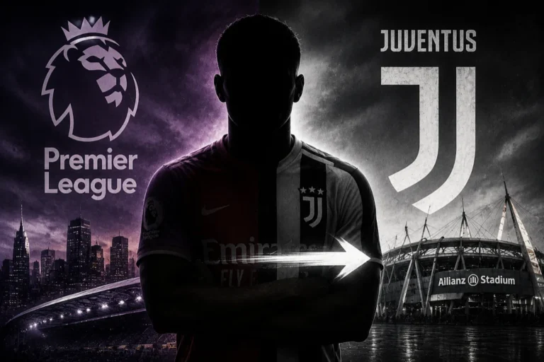 Giocatore di calcio in maglia Juventus con logo Premier League e Allianz Stadium, trasferimento dalla Premier League