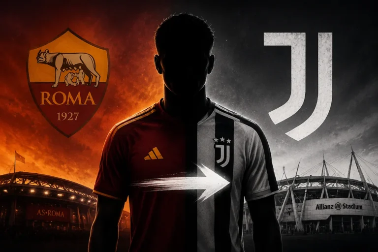 Silhouette di calciatore tra le maglie di Roma e Juventus con loghi dei club e stadi sullo sfondo, grafica di trasferimento di mercato