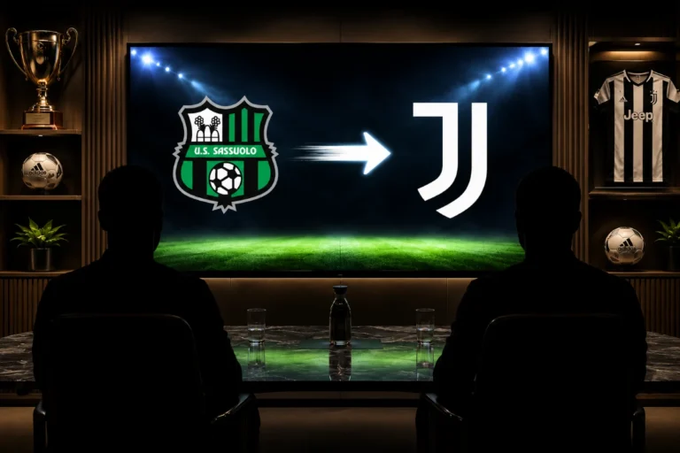 Sassuolo e Juventus con freccia di trasferimento su schermo in sala riunioni