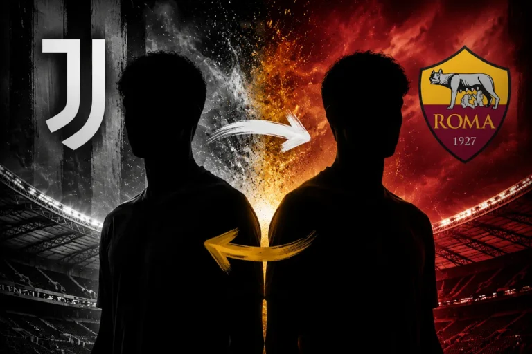 Grafica di mercato Juventus-Roma con silhouette di due giocatori e loghi delle squadre