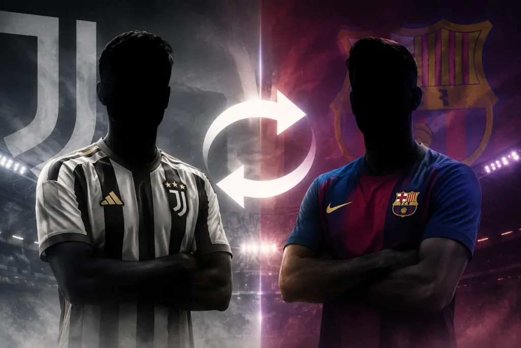 Grafica illustrativa di scambio mercato Juventus-Barcellona con giocatori in maglia bianconera e blaugrana separati da freccia luminosa