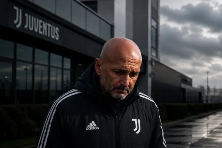 Luciano Spalletti in tuta Adidas davanti alla sede della Juventus, espressione concentrata