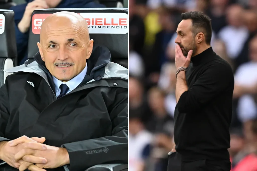 Luciano Spalletti in panchina durante una partita di calcio, con sguardo concentrato