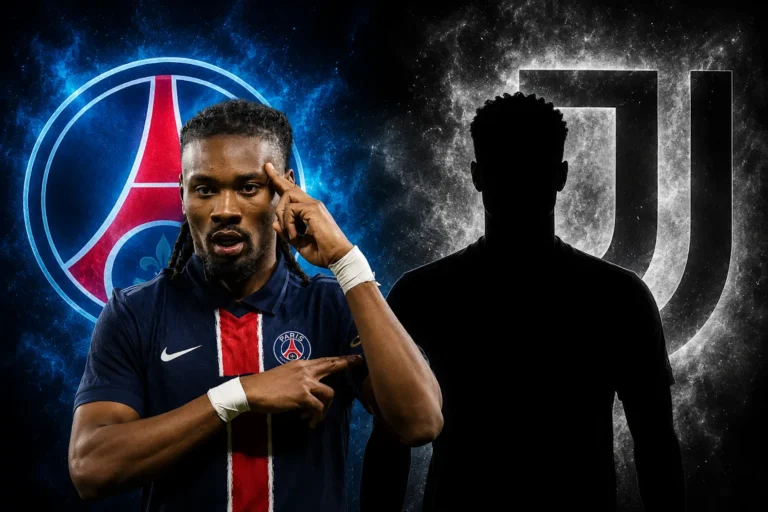 Thuram in maglia PSG con logo della squadra parigina sullo sfondo, accanto a una silhouette di giocatore
